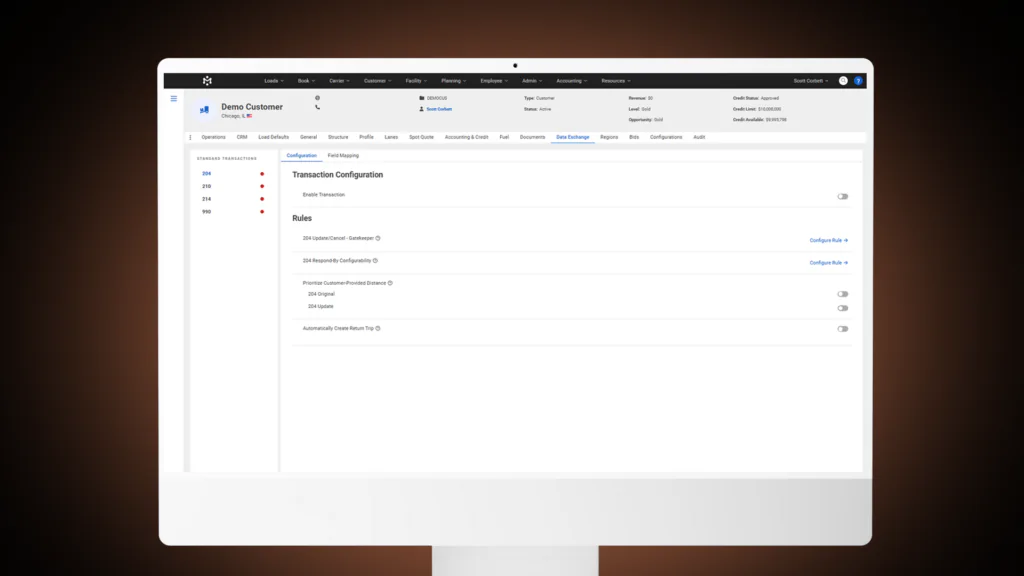 MasterMind customer record showing EDI 204 transaction configuration rules